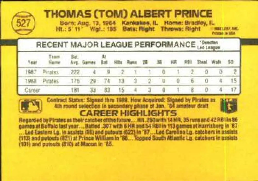 Tom Prince Pittsburgh Pirates baseball card featuring career statistics from the late 1980s