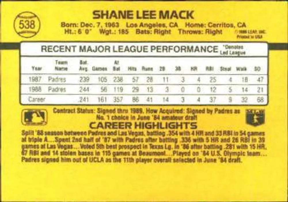 1989 Donruss #538 Shane Mack baseball card featuring San Diego Padres statistics and highlights