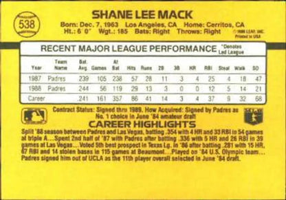 1989 Donruss #538 Shane Mack baseball card featuring San Diego Padres statistics and highlights