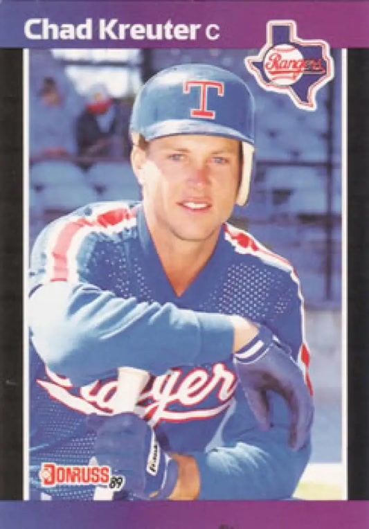 Chad Kreuter rookie Texas Rangers baseball card in blue uniform with T logo