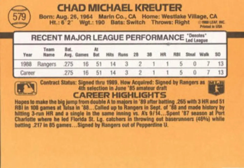 Chad Kreuter Texas Rangers baseball card showcasing career stats and highlights