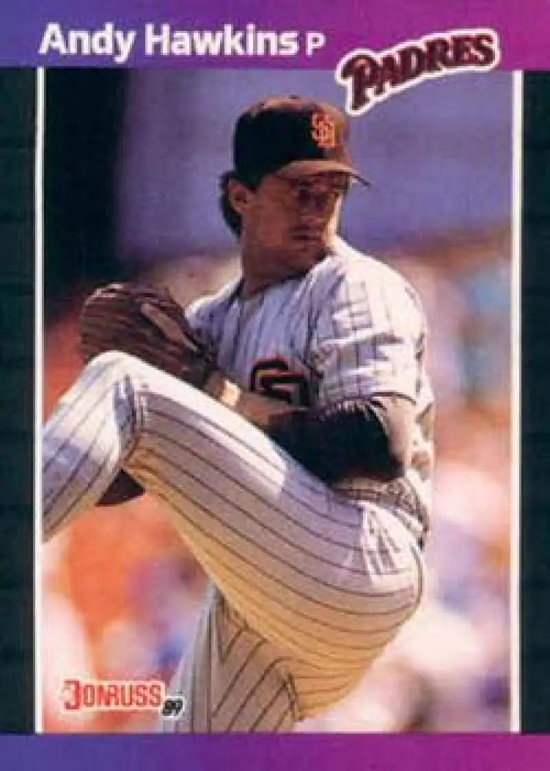 A baseball pitcher in a San Diego Padres uniform delivering a pitch for Andy Hawkins card