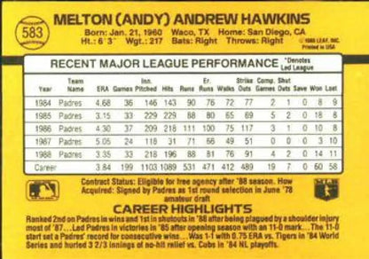 1989 Donruss #583 Andy Hawkins San Diego Padres Baseball Card with career highlights