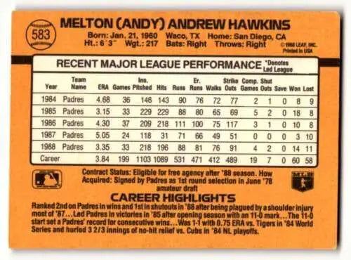 Original gloss 1989 Donruss #583 Andy Hawkins San Diego Padres baseball card statistics