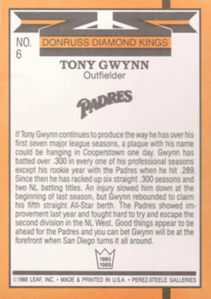 Baseball card of Tony Gwynn from the Donruss Diamond Kings series, San Diego Padres