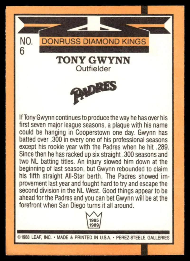 1989 Donruss baseball card of Tony Gwynn, San Diego Padres outfielder, Diamond Kings series