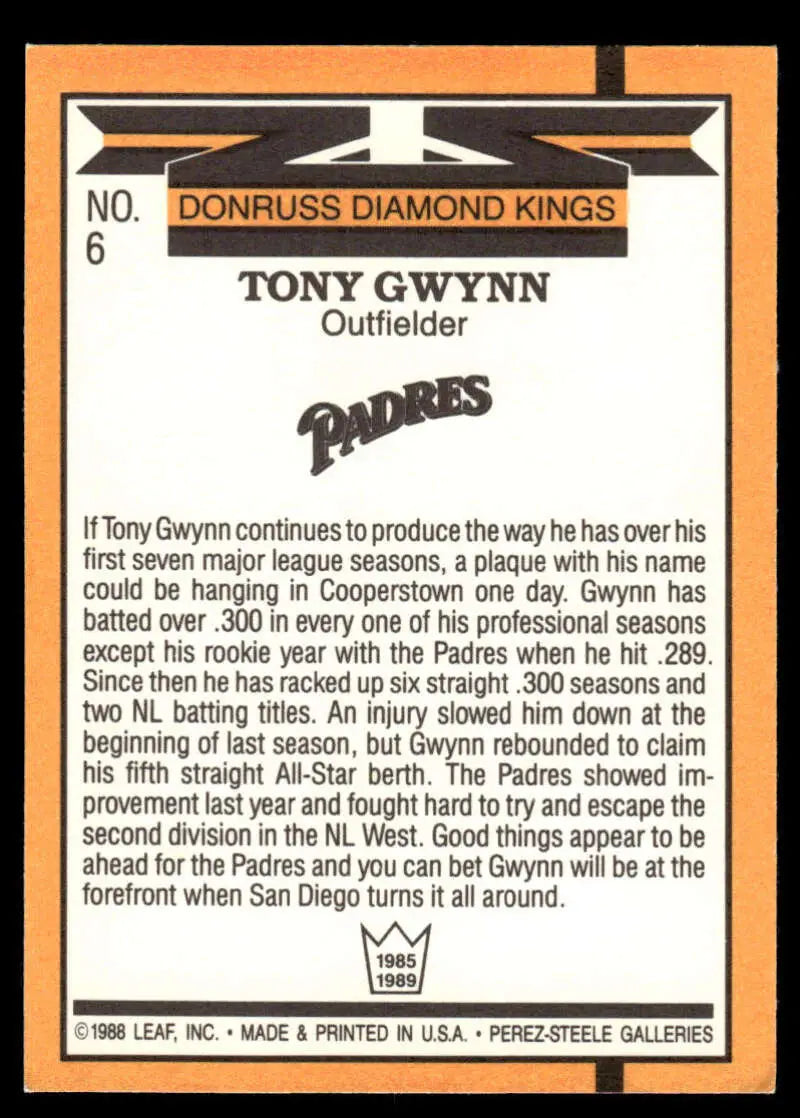 1989 Donruss Tony Gwynn Baseball Card featuring San Diego Padres outfielder