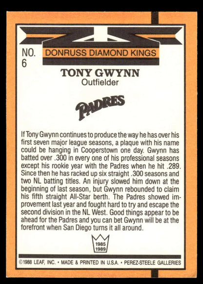 1989 Donruss Tony Gwynn Baseball Card featuring San Diego Padres outfielder