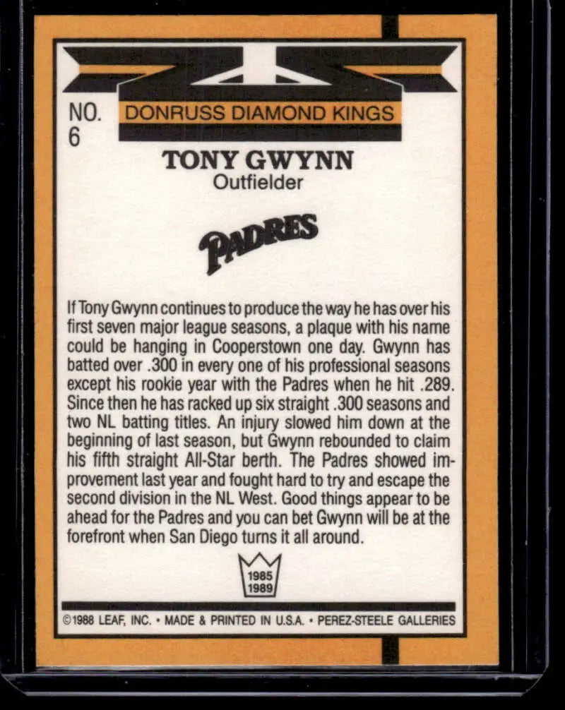 1989 Donruss #6 Tony Gwynn San Diego Padres Baseball Card Diamond Kings NM-MT