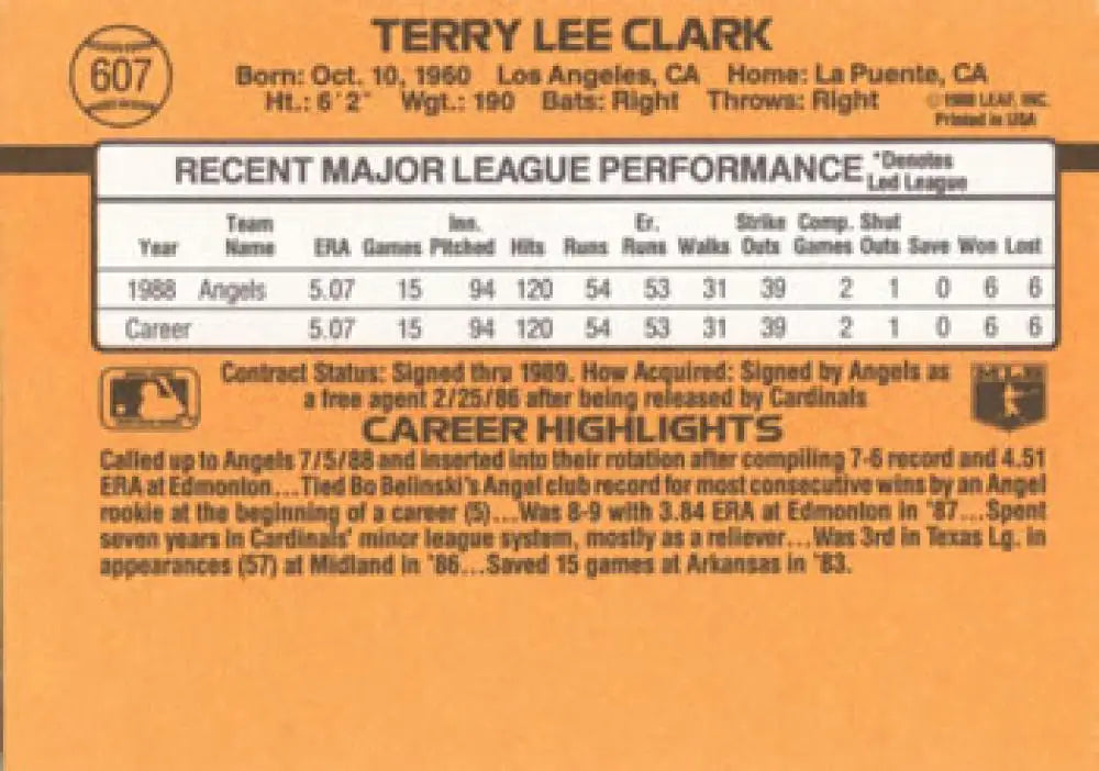 Baseball card of Terry Clark featuring MLB stats and highlights for California Angels