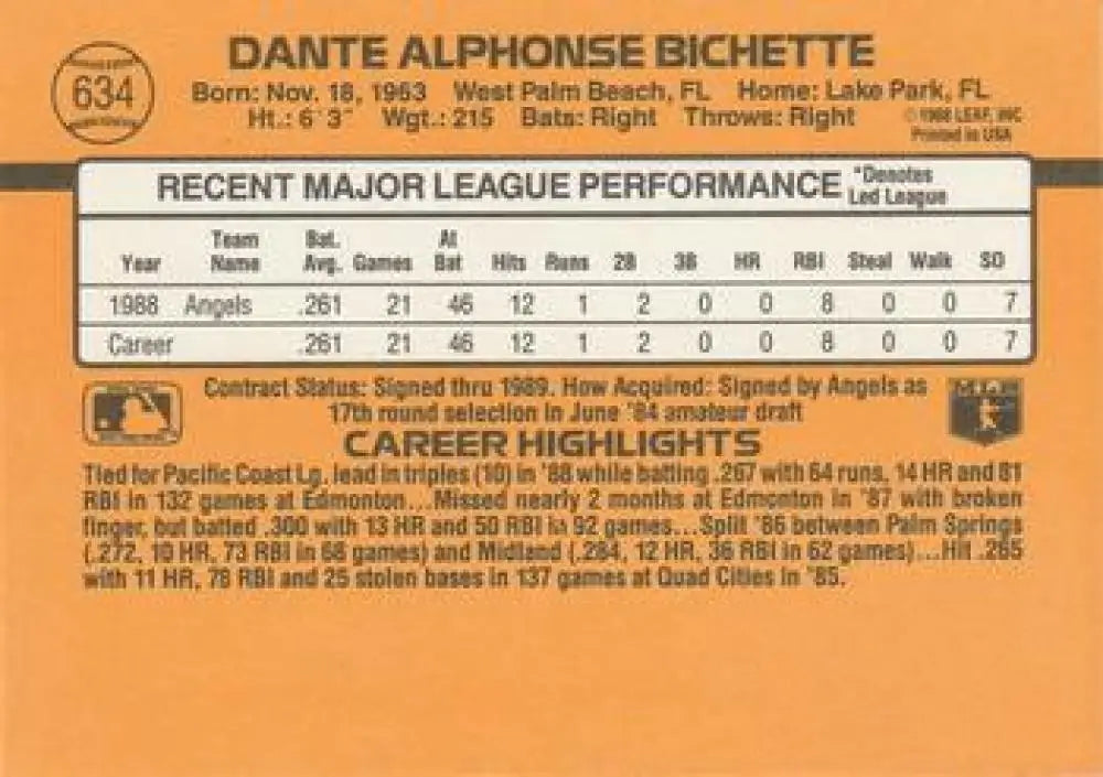 Dante Bichette Rookie Card with career stats on orange background California Angels baseball card