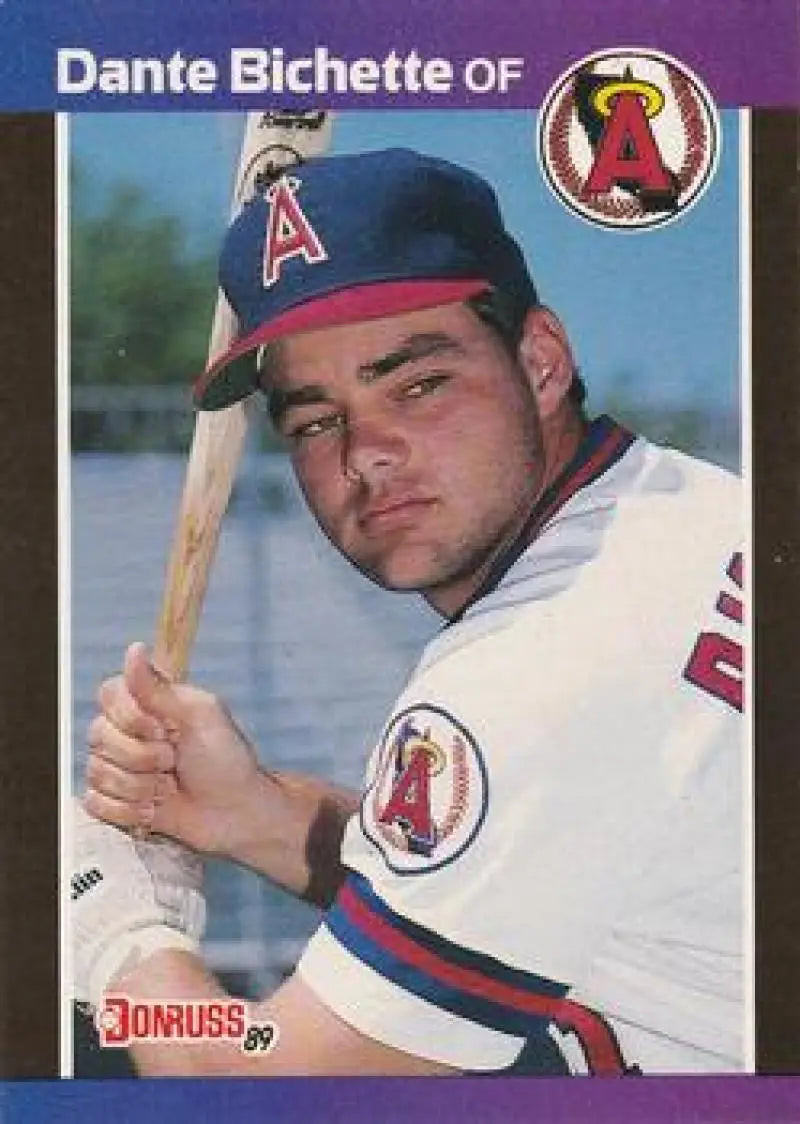 Dante Bichette rookie card featuring California Angels player in white uniform with bat