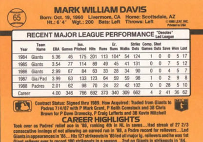 1989 Donruss #65 Mark Davis baseball card showcasing San Diego Padres player stats and highlights