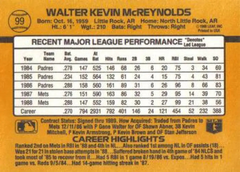 Baseball card featuring Kevin McReynolds’ stats and highlights with New York Mets