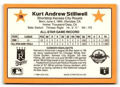 Baseball card back of 1989 Donruss All-Stars #29 Kurt Stillwell trading card