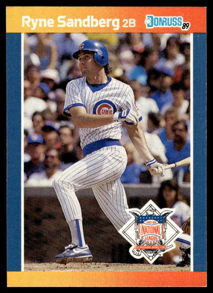 Ryne Sandberg Chicago Cubs baseball card in pinstripe uniform at bat