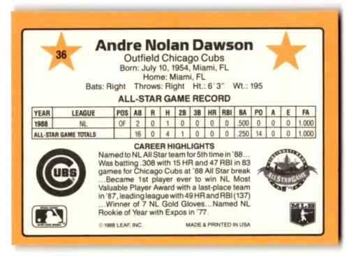 1989 Donruss All-Stars Andre Dawson baseball card in original gloss, near mint Cubs