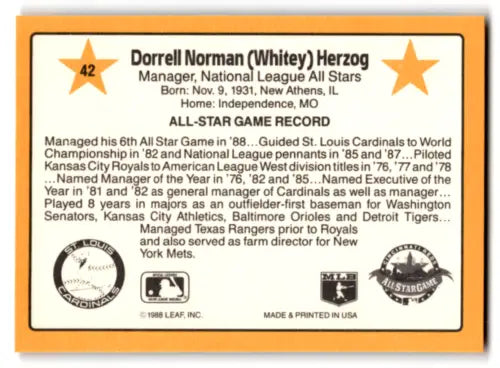 Baseball card back of 1989 Donruss All-Stars Whitey Herzog NM Near Mint Cardinals