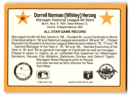 Baseball card back of 1989 Donruss All-Stars Whitey Herzog NM Near Mint Cardinals