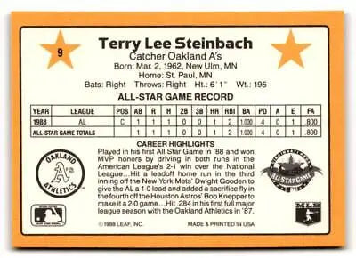 Terry Steinbach 1989 Donruss All-Stars #9 trading card showcasing baseball memorabilia