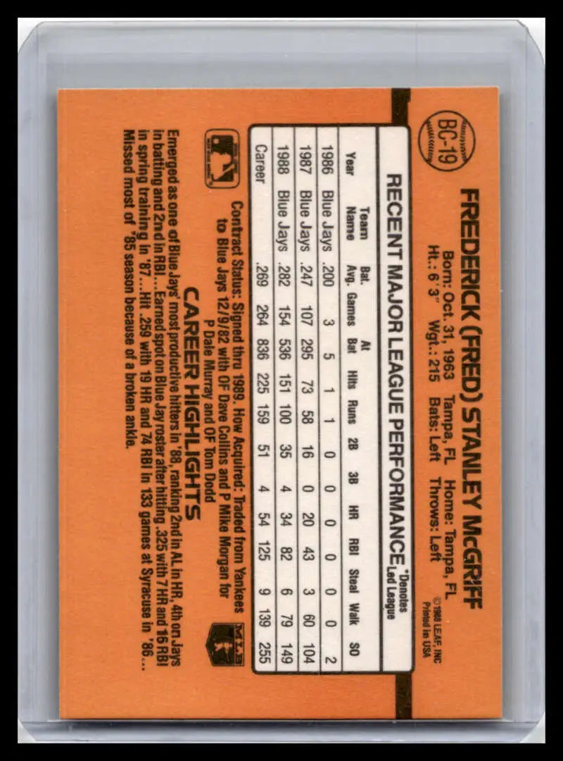 Orange 1989 Donruss Fred McGriff Baseball Card featuring Toronto Blue Jays stats