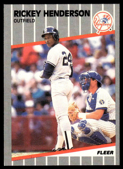 1989 Fleer Rickey Henderson Baseball Card featuring New York Yankees outfielder at bat