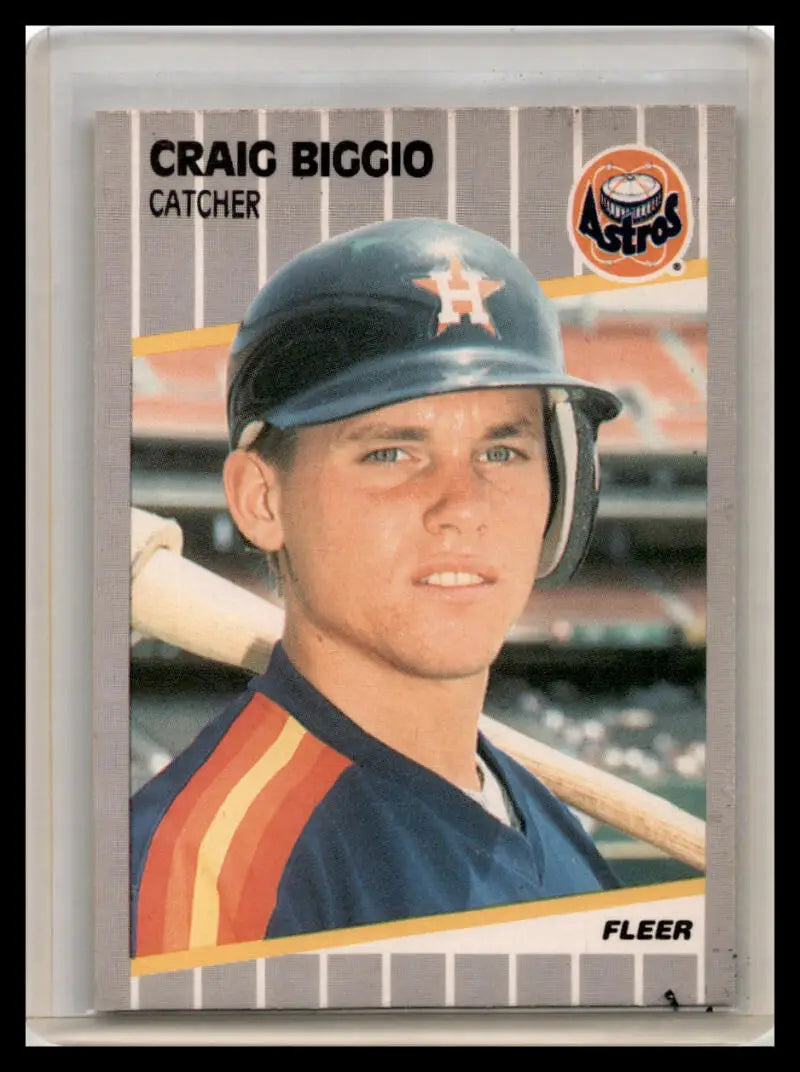 1989 Fleer #353 Craig Biggio VG Baseball Card featuring Astros catcher in navy uniform