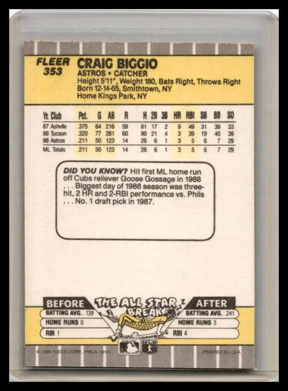 Baseball card featuring Craig Biggio statistics and fun facts about Biggio VG baseball