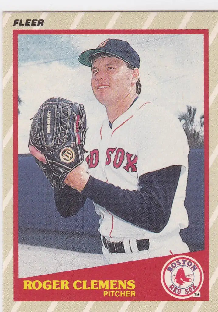 Baseball card of Roger Clemens in Red Sox uniform holding glove for trading cards fans