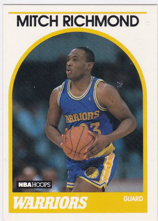 Basketball trading card of Mitch Richmond RC for Golden State Warriors in blue and yellow