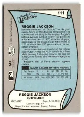 Reggie Jackson baseball card back from 1989 Pacific Legends II trading cards