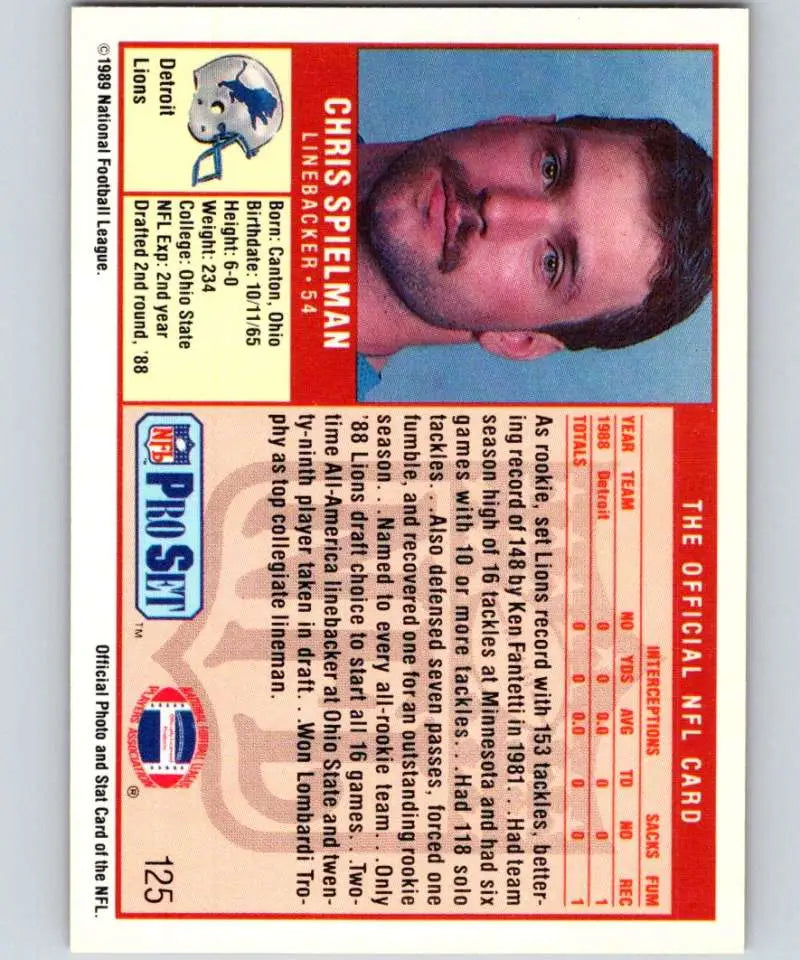 Vintage 1989 Pro Set Chris Spielman Detroit Lions Football Card NM-MT RC