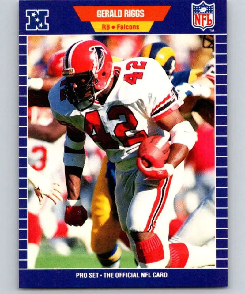 NFL trading card of Gerald Riggs in red and white Atlanta Falcons uniform carrying football