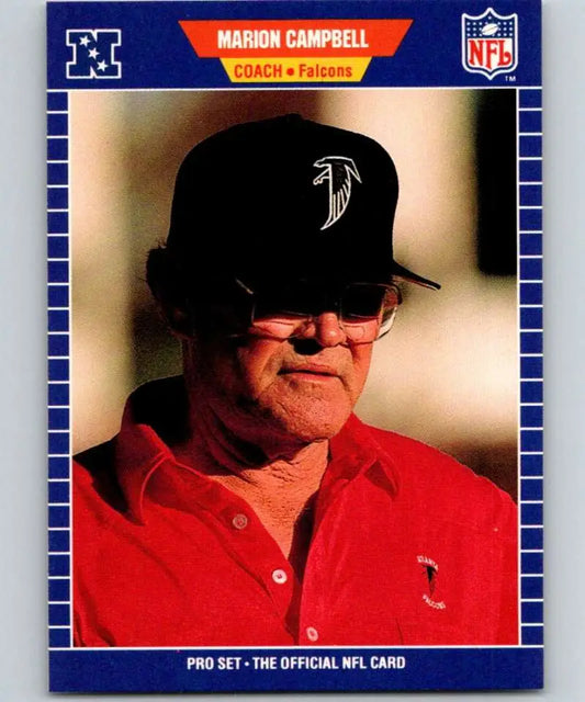 NFL trading card of Marion Campbell coaching Atlanta Falcons in red polo shirt