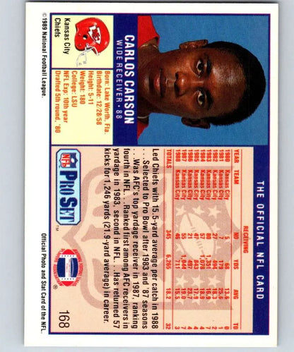 NFL Pro Set trading card of Carlos Carson, Kansas City Chiefs player from 1989