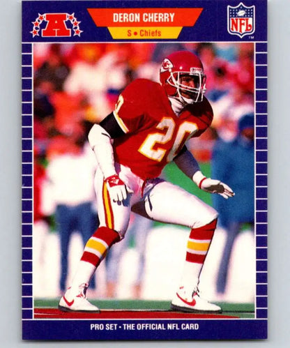 Football card of Deron Cherry, Kansas City Chiefs defensive back in red uniform