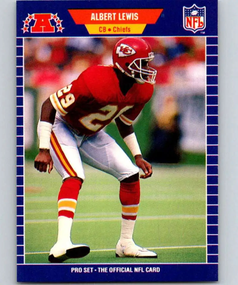 NFL trading card of Kansas City Chiefs Albert Lewis in red uniform and white cleats