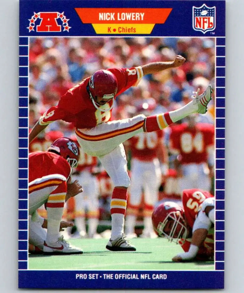 NFL trading card of Kansas City Chiefs kicker Nick Lowery executing a kick