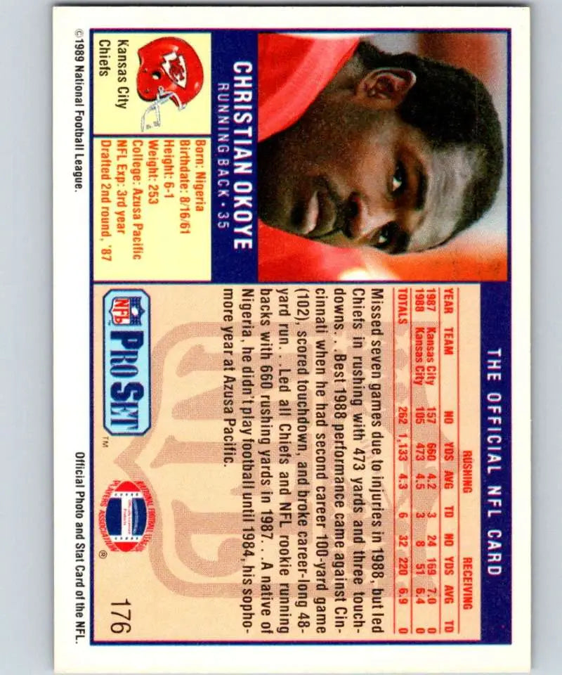 Vintage NFL Pro Set Christian Okoye trading card featuring Kansas City Chiefs design