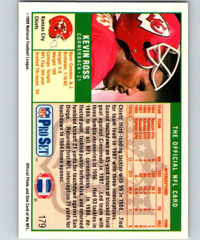 Football trading card of Kevin Ross, Kansas City Chiefs, from 1989 Pro Set