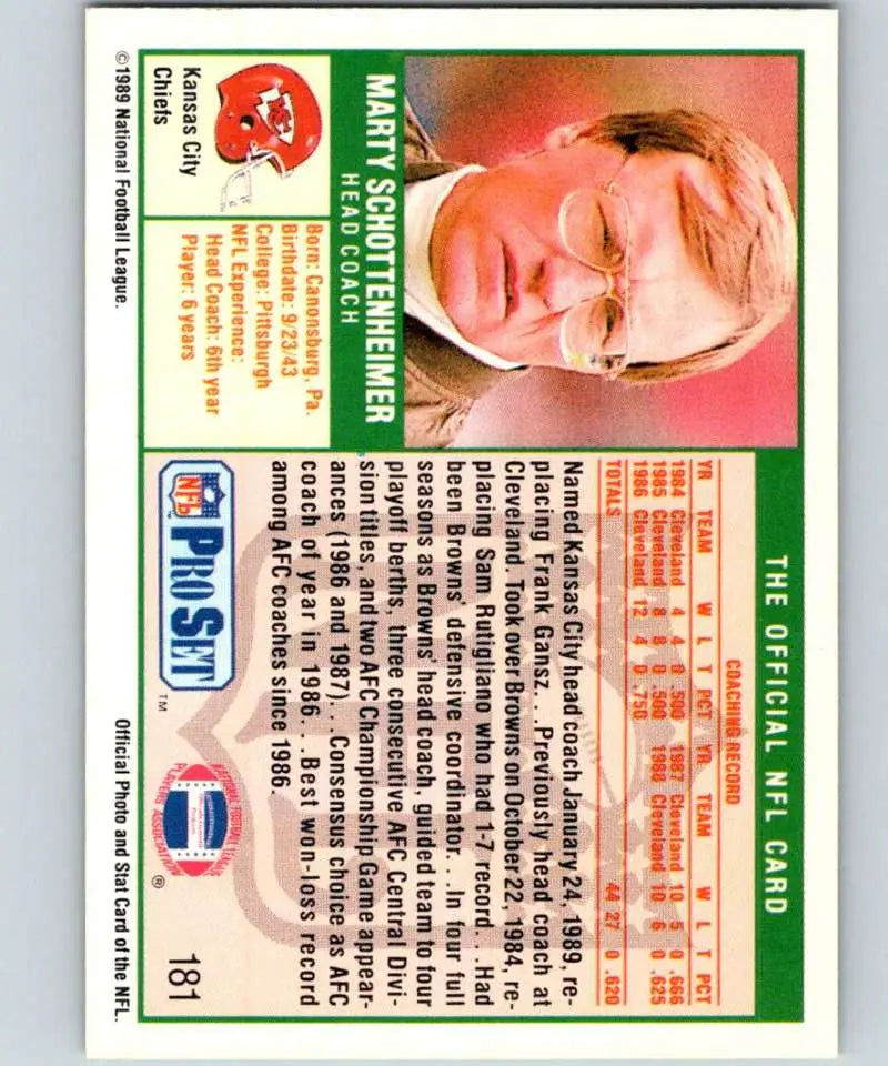 Football trading card of Marty Schottenheimer from the Kansas City Chiefs Pro Set