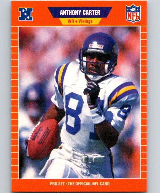 NFL trading card featuring Anthony Carter in Minnesota Vikings uniform with orange border