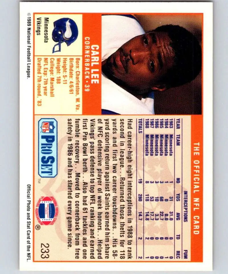 Pro Set NFL trading card featuring Carl Lee, rookie for the Minnesota Vikings, 1989