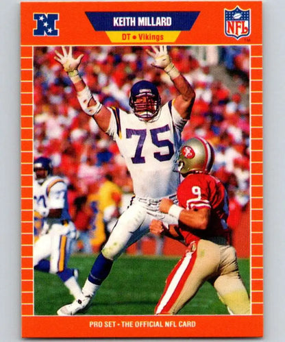 Keith Millard Minnesota Vikings Football Card with orange border featuring a leaping player