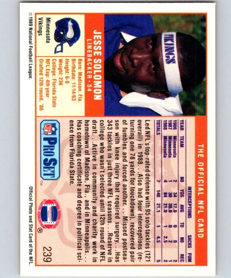 Baseball trading card of Jesse Solomon, Minnesota Vikings player in blue cap and headband