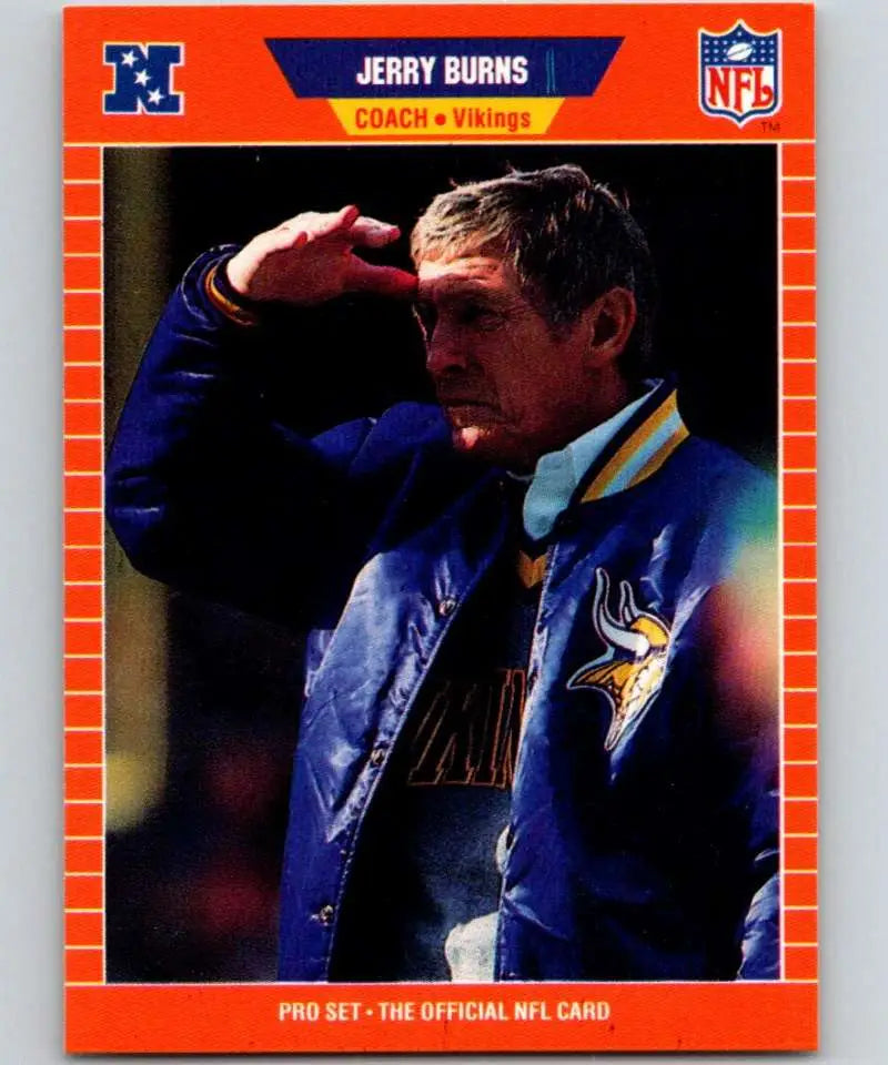 Minnesota Vikings Football Card featuring Coach Jerry Burns in blue jacket with orange border