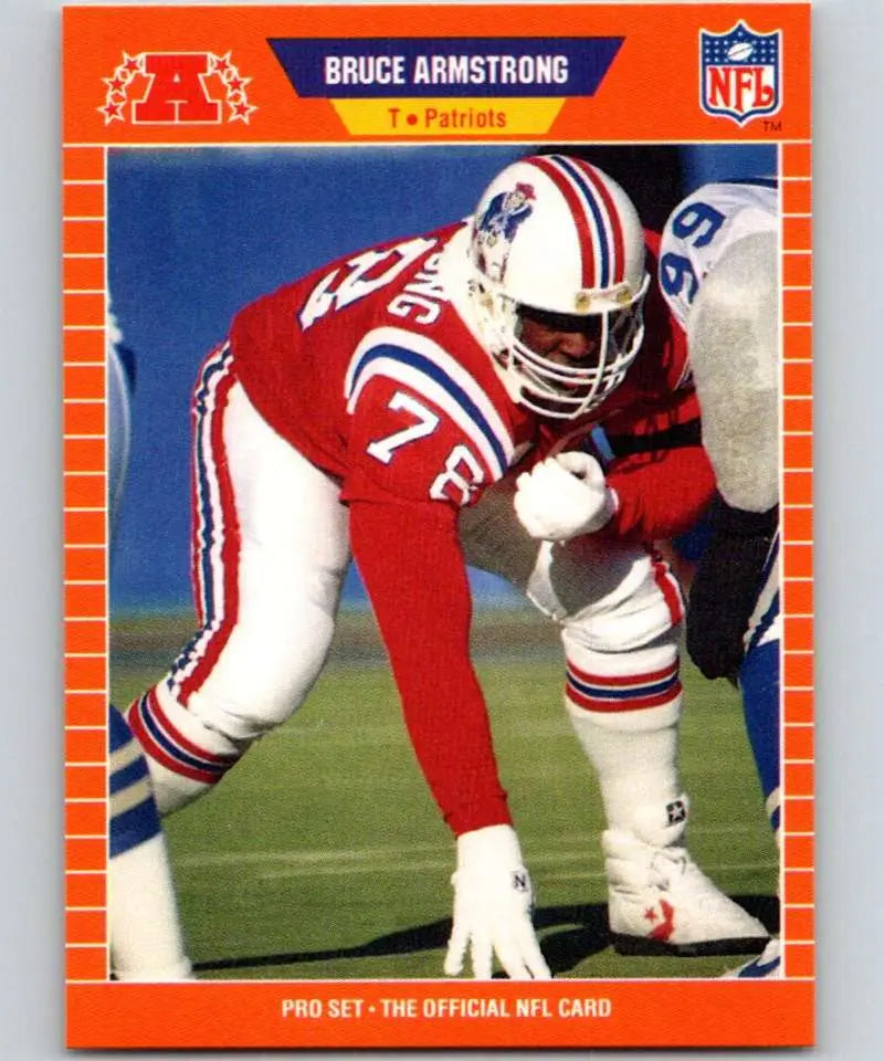 Bruce Armstrong crouched in red, featured on 1989 New England Patriots Football Card