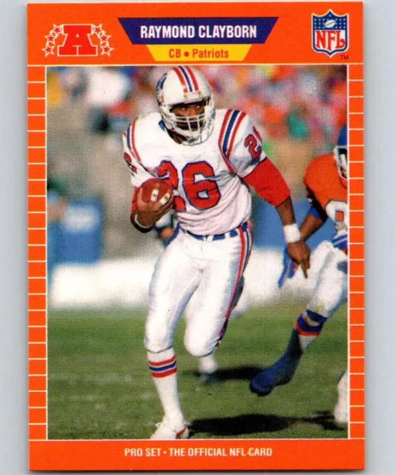 NFL trading card featuring Raymond Clayborn in New England Patriots uniform, Pro Set