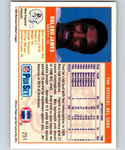 1989 Pro Set Roland James football card with blue background and orange border design