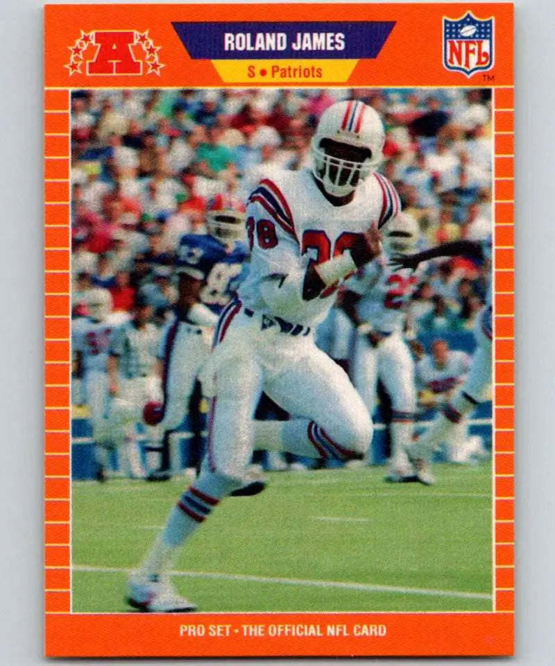 Orange-bordered NFL football card of Roland James running for the New England Patriots